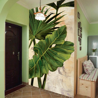 手绘东南亚棕榈树墙纸玄关餐厅卧室背景墙壁纸绿色植物过道3D壁画