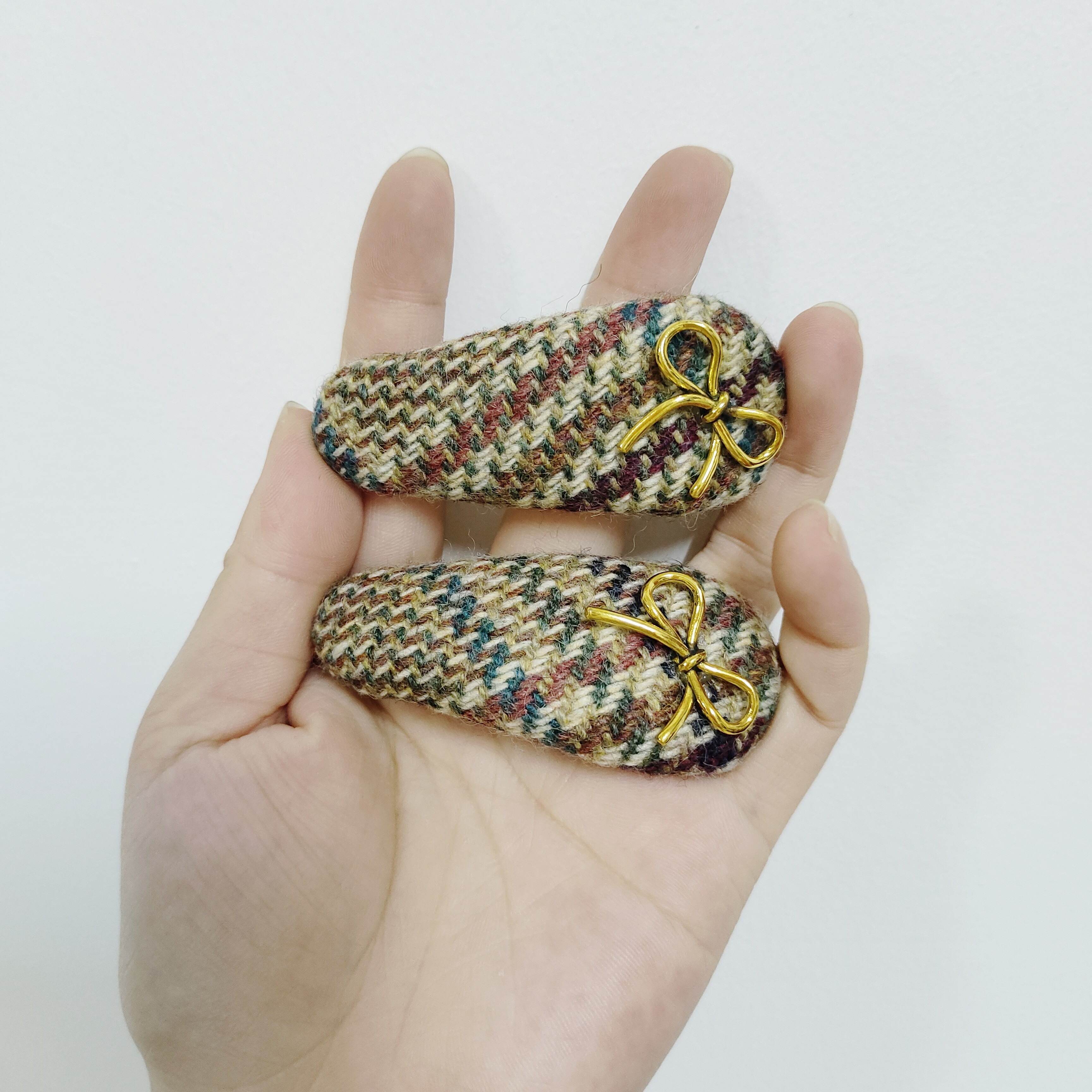（满15包邮发货）美拉德色系针织格纹大号水滴蝴蝶结拜拜夹一对