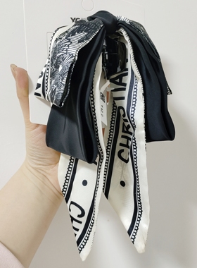 永诗专柜款法式轻奢赫本风印花飘带蝴蝶结马尾抓