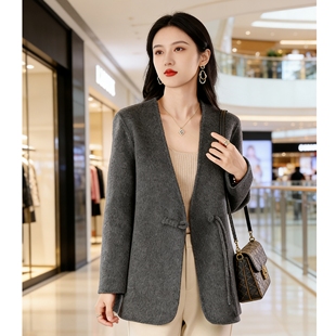 春秋冬新款轻奢风灰色双面羊毛呢外套女短款V领气质大衣时尚上衣