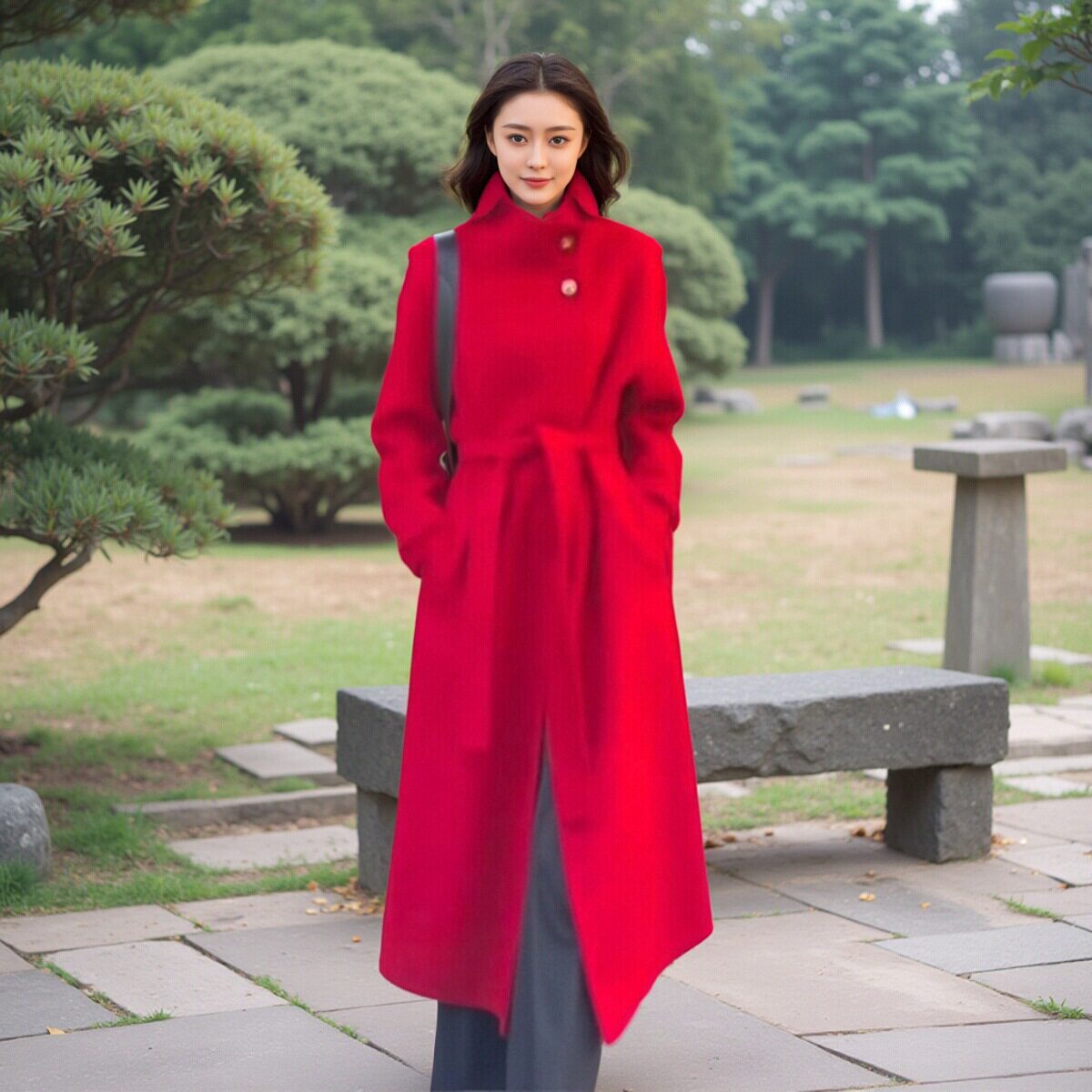 红色秋冬新款双面羊绒大衣女中长款宽松长毛高级感过膝羊毛呢外套