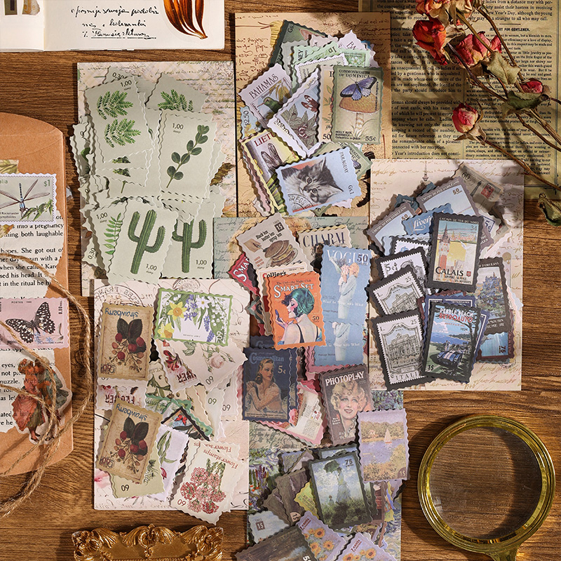 复古文艺邮局贴纸西方美式高颜值英文烫金建筑植物花卉图案博物馆ins风手账封口贴日记装饰素材图案diy小贴画