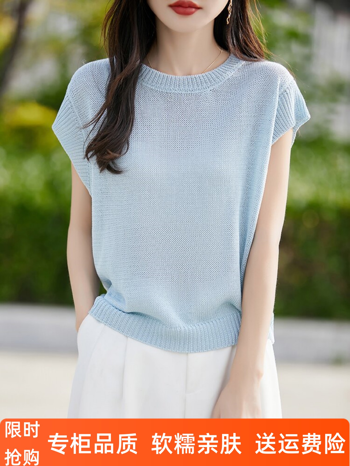 2026夏季新款短袖女圆领纯色亚麻薄款针织半袖宽松高级感t恤上衣