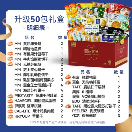 升级款【MM爆款 高端礼盒】约24款50包豪华大牌零食