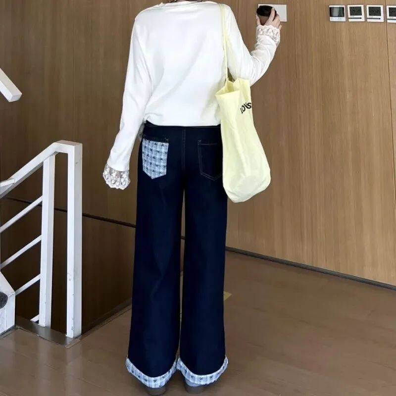 深蓝色拼接牛仔裤女春秋季2026年新款字母刺绣高腰显瘦宽松阔腿裤