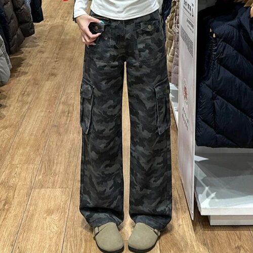 迷彩工装牛仔裤女美式春秋直筒裤