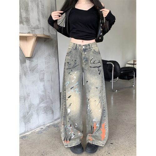 扎染泼墨印花阔腿牛仔裤女拖地裤