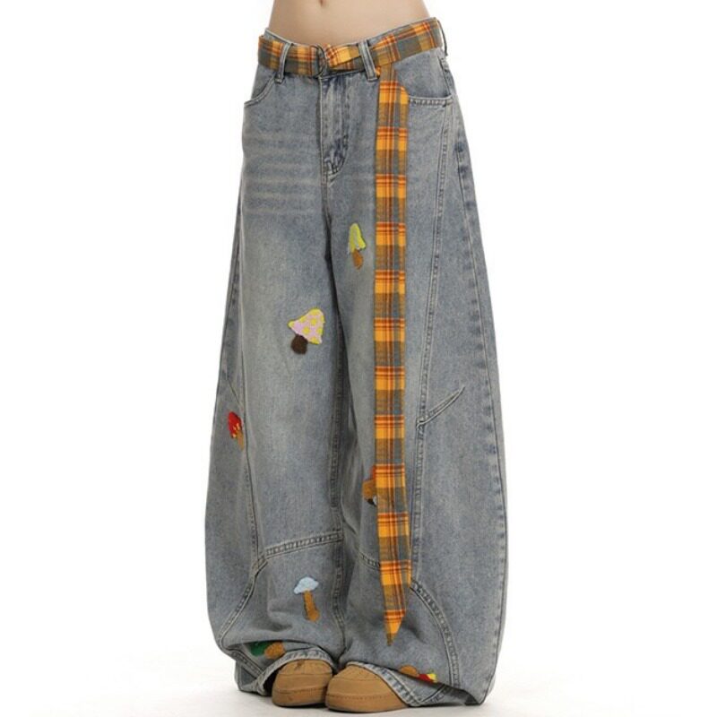 立体设计感刺绣蘑菇牛仔裤女春秋季2026新款高腰宽松阔腿裤弯刀裤