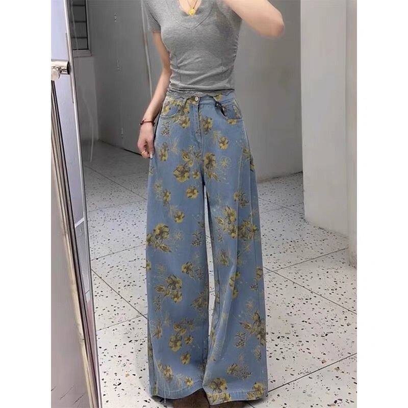 高街复古大花朵牛仔裤女夏季薄款