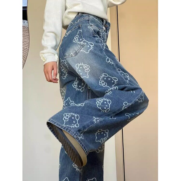 高个子kitty印花牛仔裤女春秋季2025新款高腰显瘦宽松阔腿拖地裤