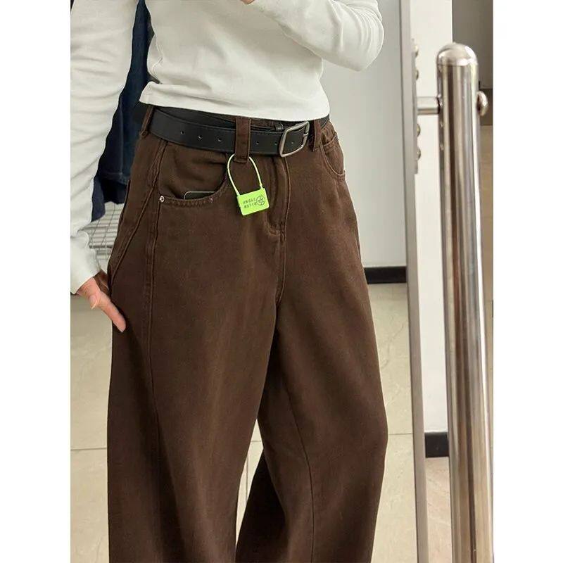咖啡棕色阔腿牛仔裤女春秋弯刀裤