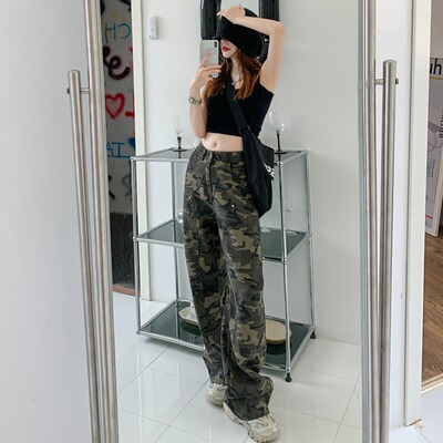 小个子复古迷彩工装牛仔裤女直筒