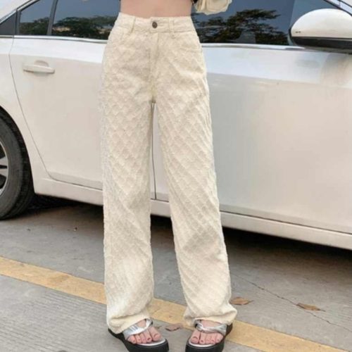 小众设计感提花牛仔裤女高腰显瘦