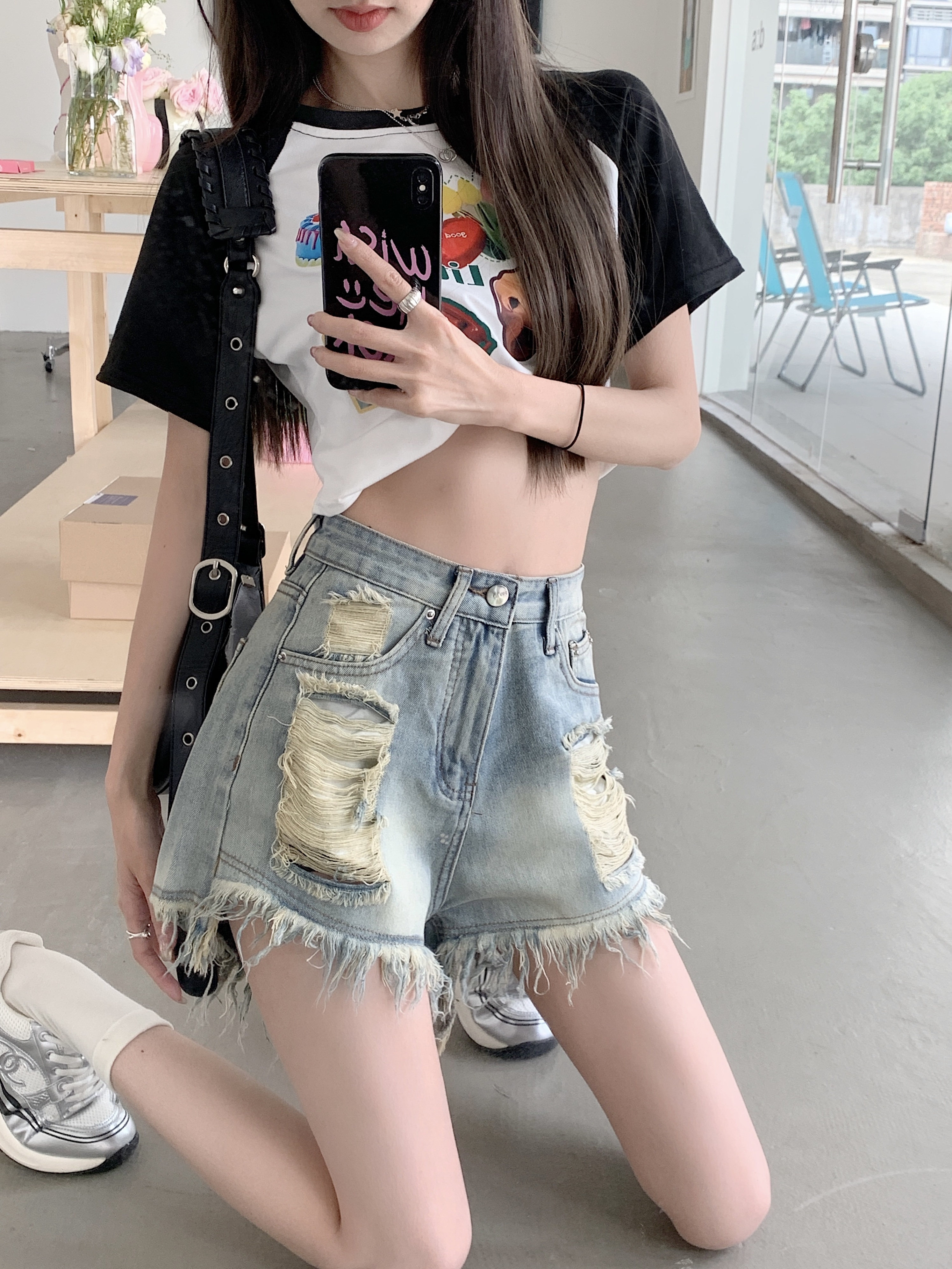 美式复古做旧感牛仔短裤女夏季热裤高腰阔腿裤宽松显瘦乞丐破洞裤