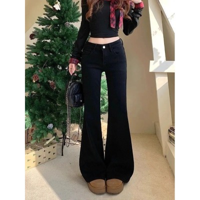 黑色微喇牛仔裤女秋季小个子喇叭