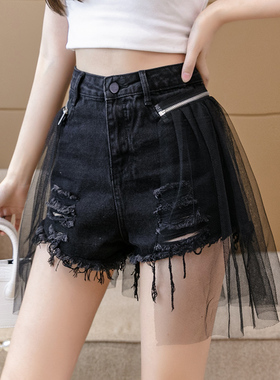 拼接假两件破洞牛仔短裤女夏季2025新款网纱可拆卸毛边阔腿热裤子