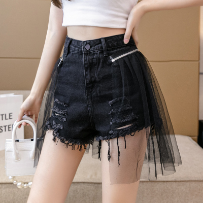 网纱拼接假两件破洞牛仔短裤女夏