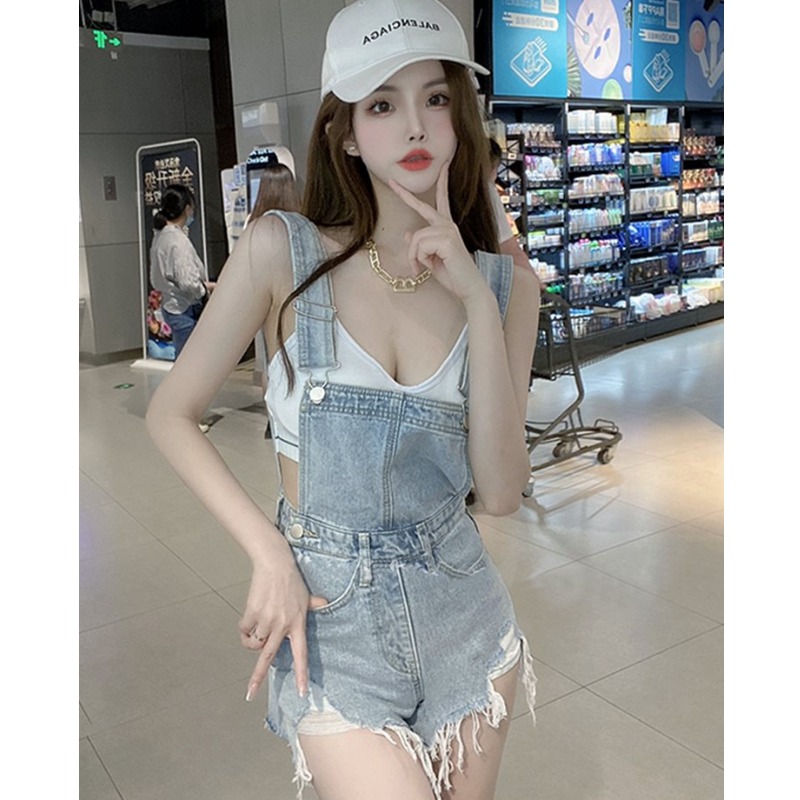 辣妹破洞牛仔背带短裤女夏季小众设计感小个子修身显瘦阔腿连体裤