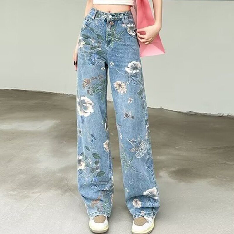 美式复古印花破洞牛仔裤女春夏季