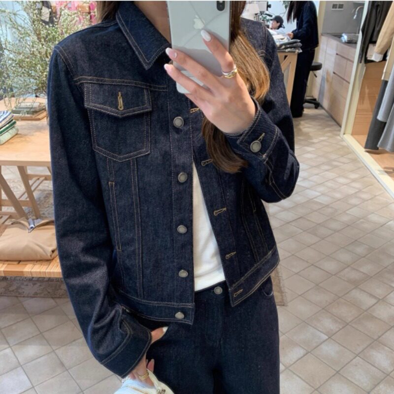 原宿风深蓝色牛仔外套女春秋短款