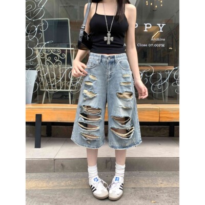 复古高街乞丐破洞牛仔短裤女七分