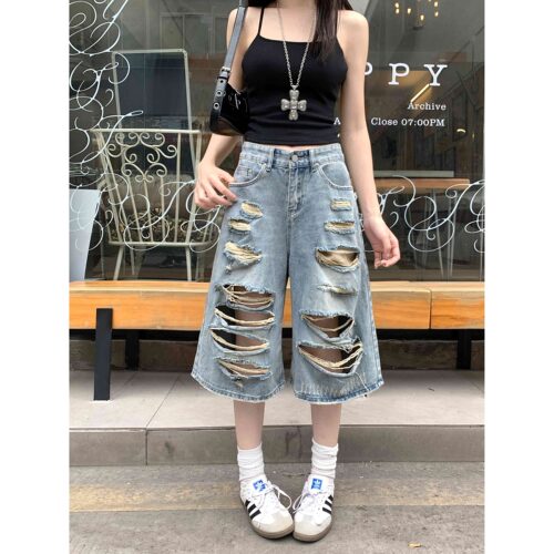 复古高街乞丐破洞牛仔短裤女七分