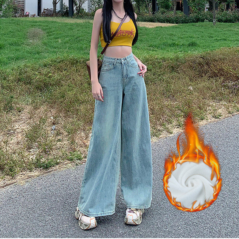 复古加绒牛仔裤女秋冬季高腰显瘦宽松阔腿裤加厚一体绒发热裤外穿