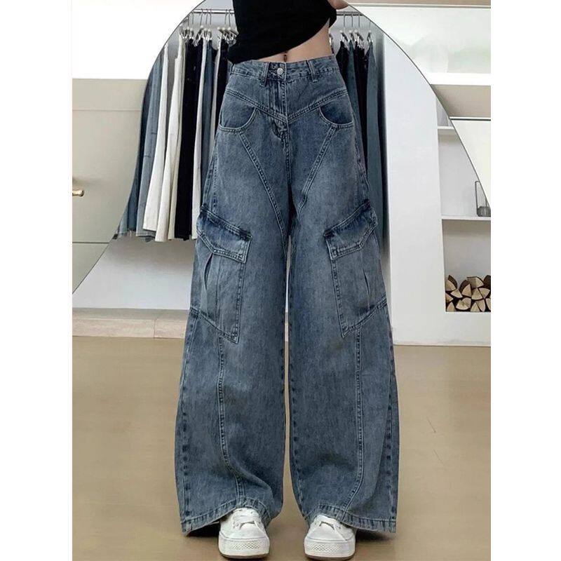 高街复古阔腿牛仔裤女春秋季2026新款潮工装裤高腰显瘦宽松弯刀裤