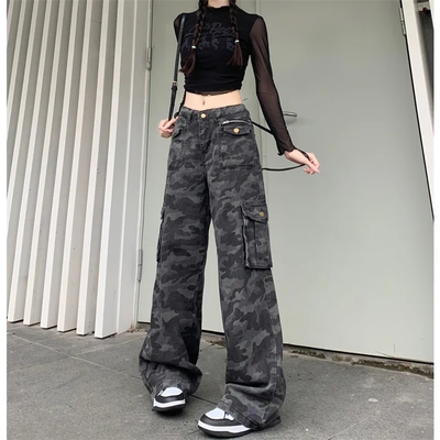 灰色迷彩工装裤阔腿牛仔裤女拖地