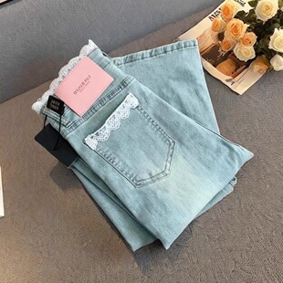 花边拼接微喇牛仔裤女夏季薄款2025新款小个子高腰显瘦修身喇叭裤