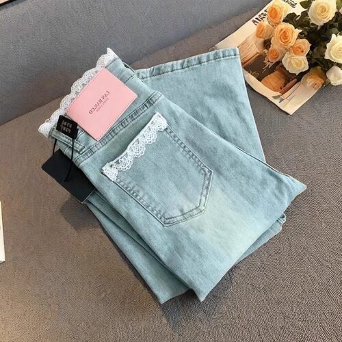 花边拼接微喇牛仔裤子女夏季薄款