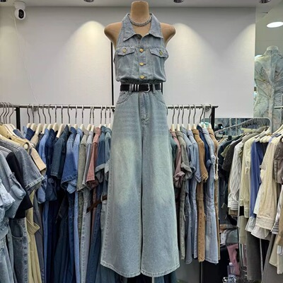 高级感酷辣牛仔连体裤女无袖挂脖