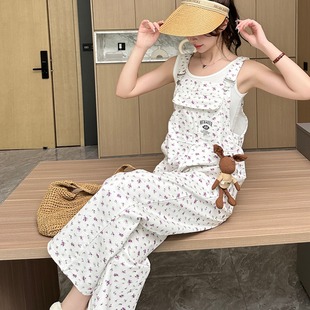 碎花休闲裤白色牛仔背带裤女夏季2025新款洋气减龄直筒裤连体裤子