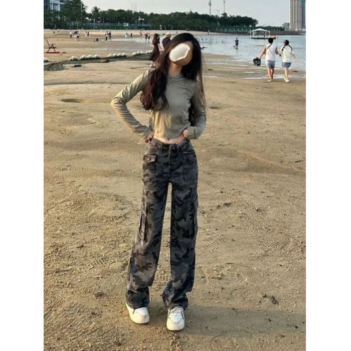 高街小个子迷彩灰工装裤女夏季牛仔裤辣妹宽松直筒裤阔腿拖地裤潮