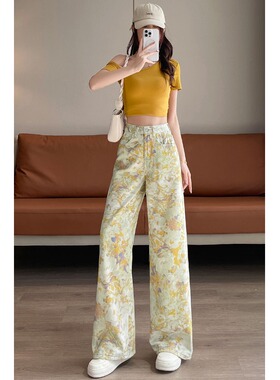 美式复古高街直筒牛仔裤女秋季2025新款黄金色高腰显瘦宽松阔腿裤