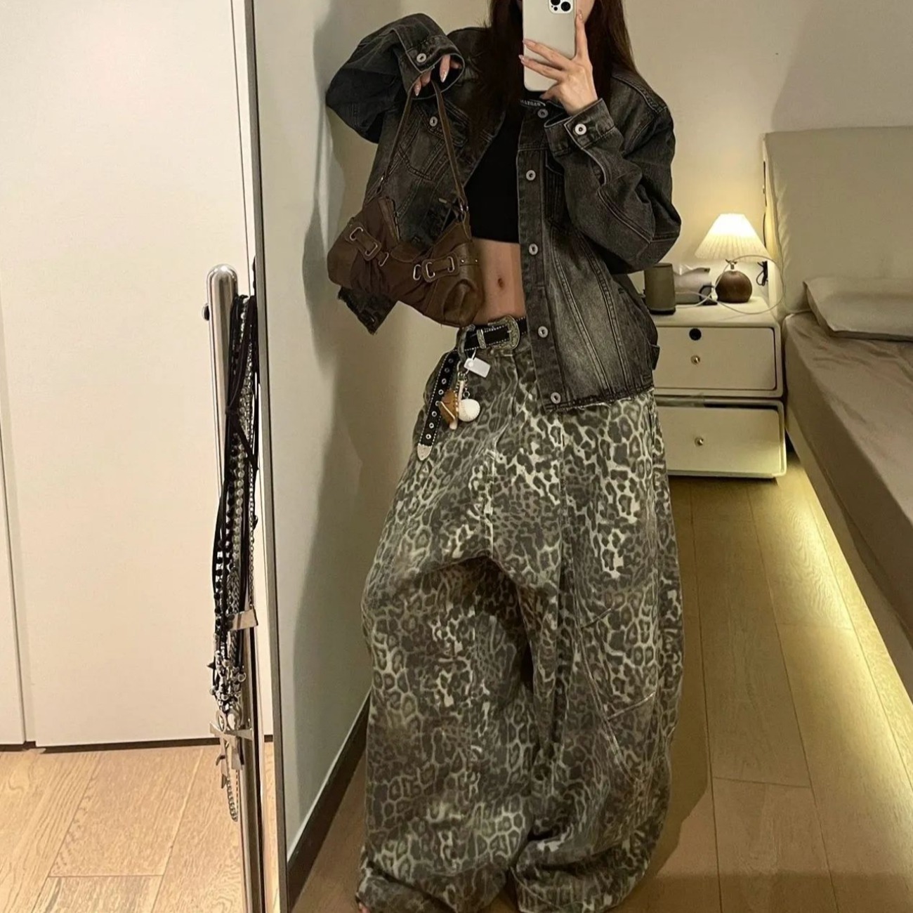 美式复古慵懒风阔腿牛仔裤女春秋