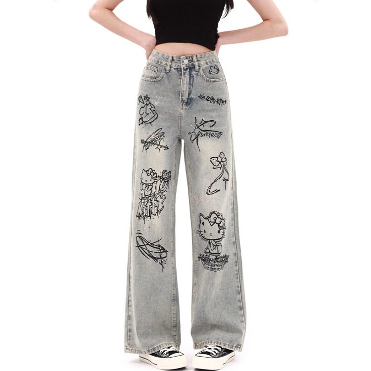 高街复古印花牛仔裤女春秋季2025新款小个子高腰显瘦宽松直筒裤子