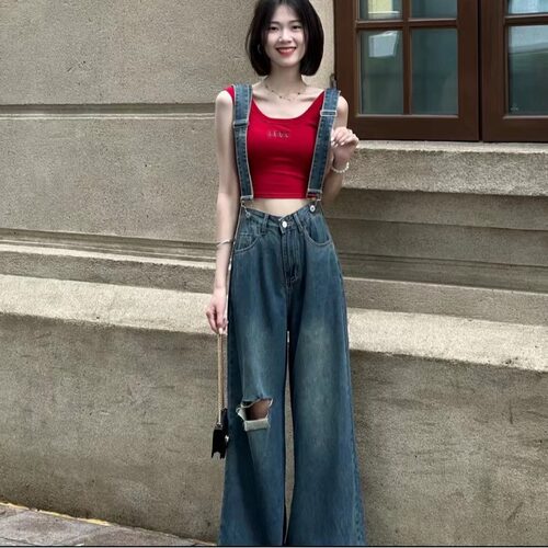 可拆卸背带裤破洞牛仔裤女夏套装