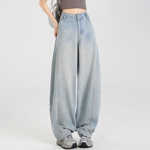 浅色弯刀裤阔腿牛仔裤女夏季2025新款高腰显瘦宽松锥形裤奶奶裤子