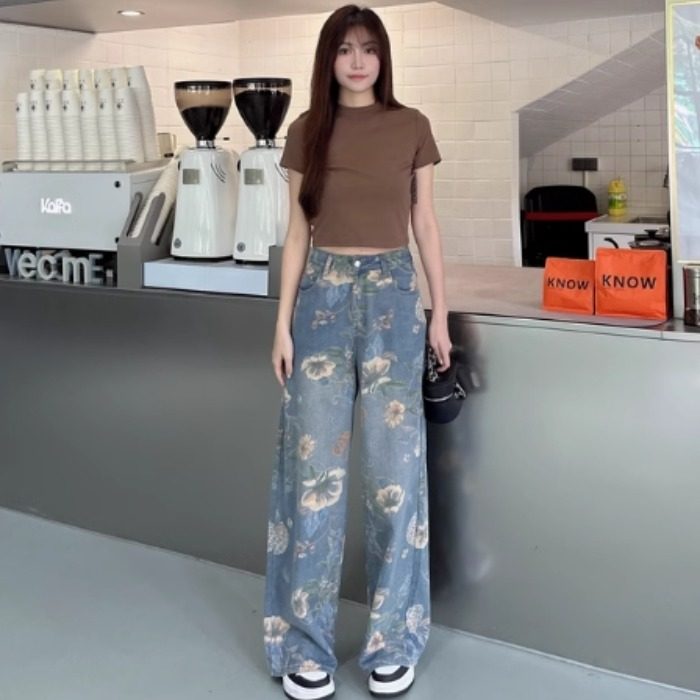 印花阔腿牛仔裤子女宽松bf慵懒风