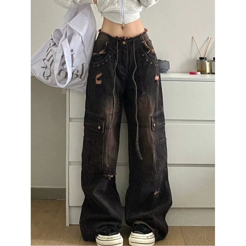 毛边破洞牛仔裤女春夏季抽绳阔腿