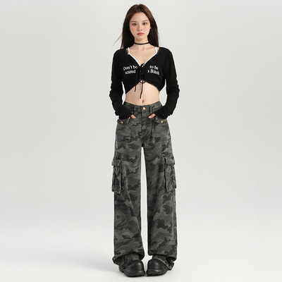 美式复古灰色迷彩工装裤女牛仔裤