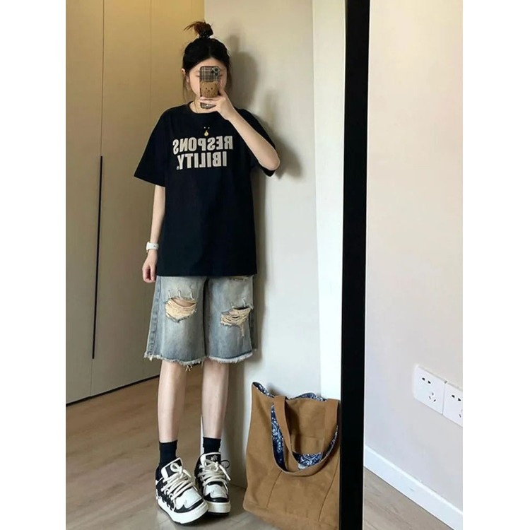 高街复古破洞牛仔短裤女夏季2025新款高腰显瘦宽松直筒阔腿五分裤