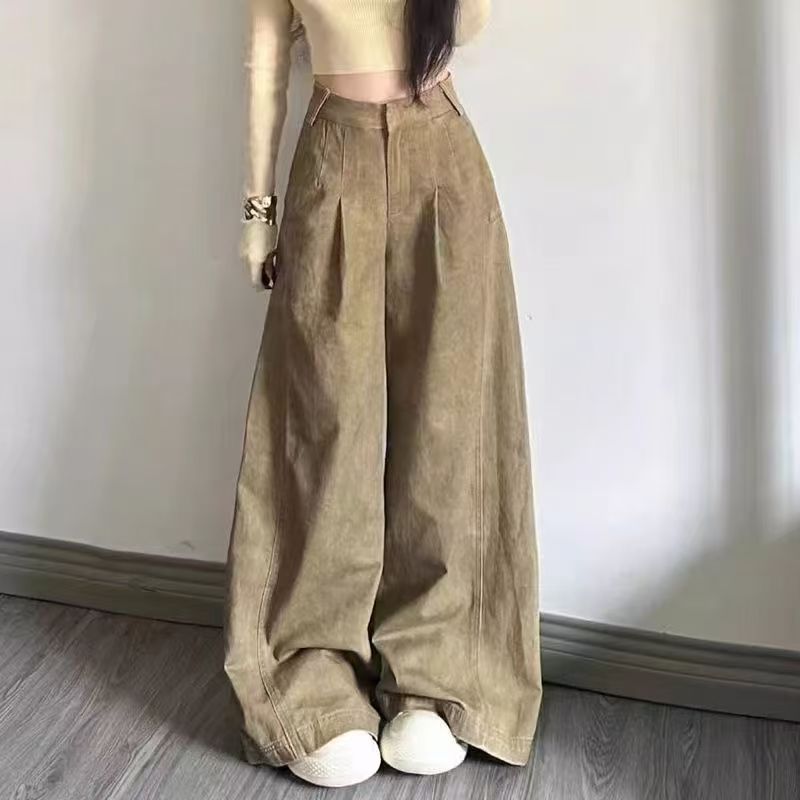 卡其色阔腿牛仔裤女拖地裤子宽松
