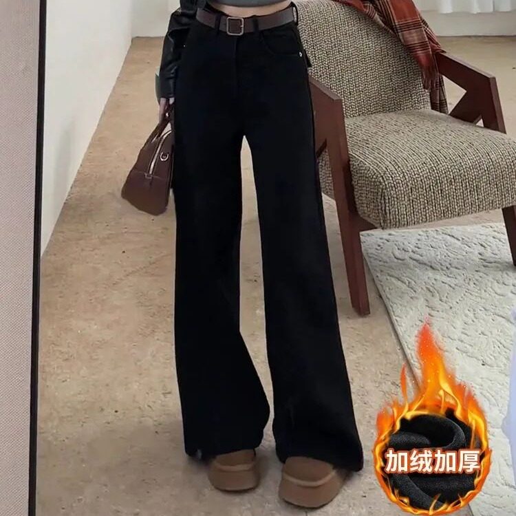 黑色裤子加绒牛仔裤女秋冬季加厚2025新款高腰显瘦宽松直筒阔腿裤
