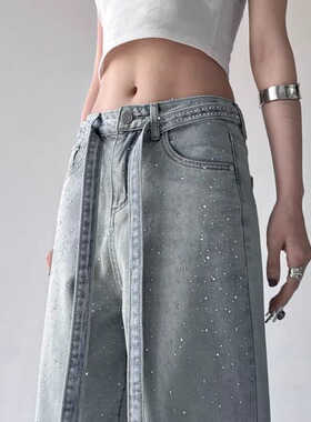 闪亮满天星烫钻牛仔裤女春秋季2025新款设计高腰显瘦宽松直筒裤子