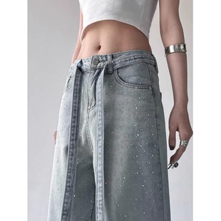 闪亮满天星烫钻牛仔裤女春秋季2025新款设计高腰显瘦宽松直筒裤子