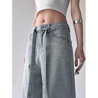 不灵不灵满天星烫钻牛仔裤女直筒