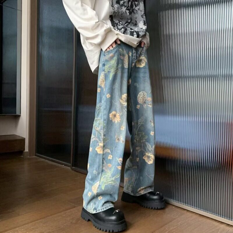 大花朵直筒牛仔裤女夏季薄款显瘦