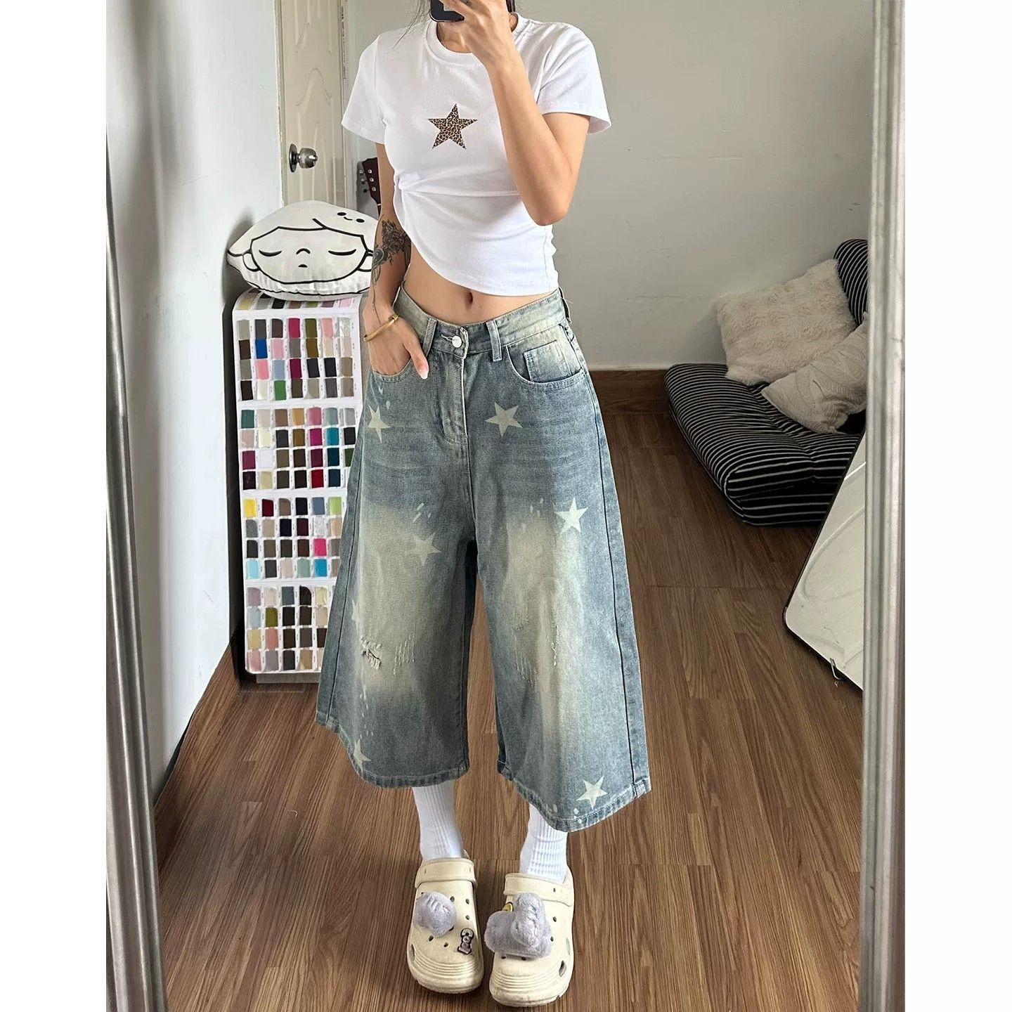 五角星破洞牛仔短裤女夏季热裤子
